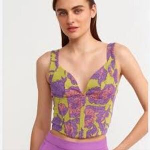 Zara Purple Green Floral Jacquard Corset Top Sz S
